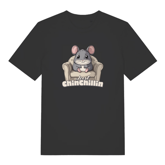 black kawaii t-shirt with the graphic of a chinchilla sat in an armchair and the slogan 'just chinchillin'