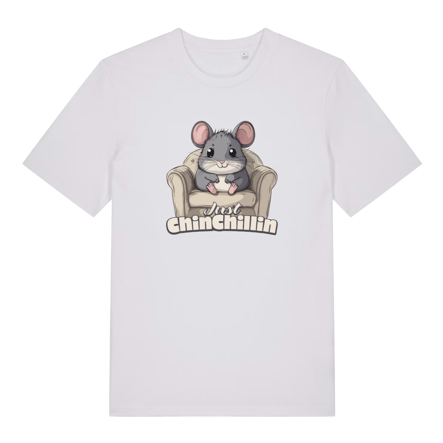 white kawaii t-shirt with the graphic of a chinchilla sat in an armchair and the slogan 'just chinchillin'