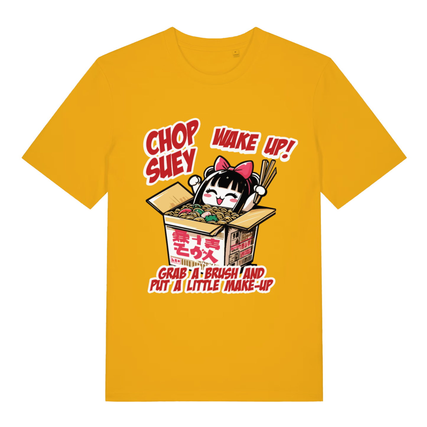 Yellow Chop Suey T-shirt flat lay displaying vibrant System of a Down parody music tee