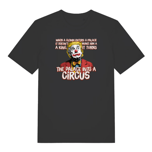 black funny graphic t-shirt with donald trump depicted as a clown