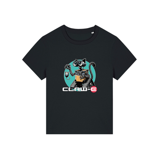 black movie t-shirt with the graphic of a robot cat and the slogan 'claw-e'