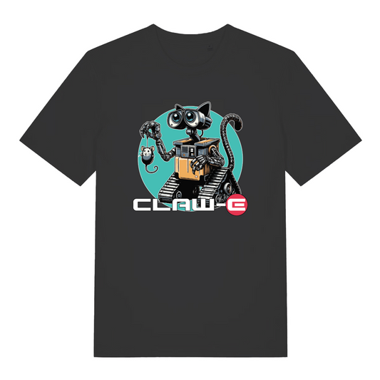 black women's movie t-shirt with the graphic of a robotic cat and the text 'claw-e'