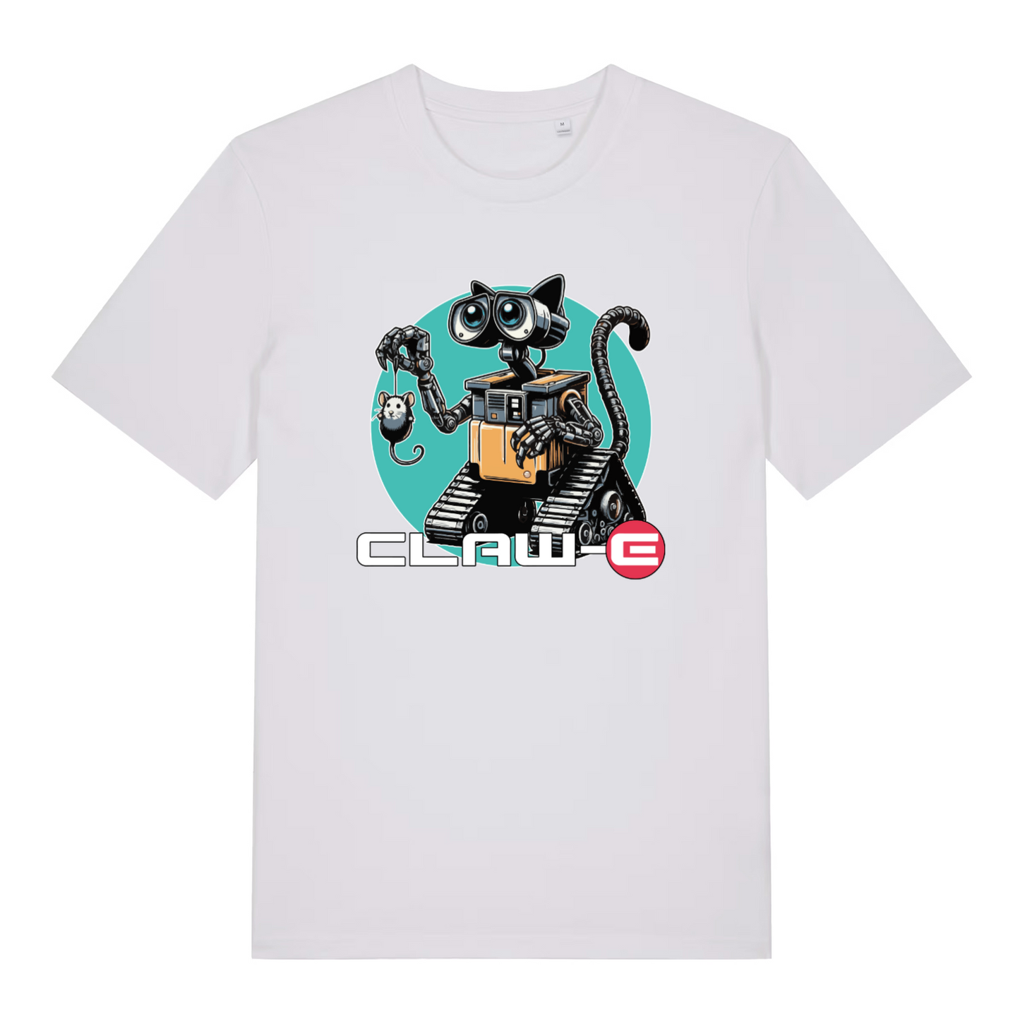 white women's movie t-shirt with the graphic of a robotic cat and the text 'claw-e'