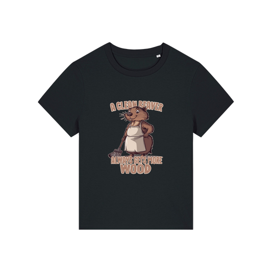 black funny graphic t-shirt with a beaver in an apron and the slogan 'a clean beaver always gets more wood'