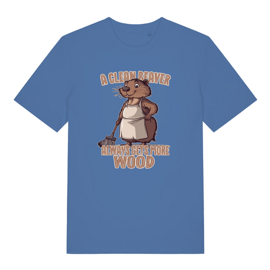 blue women's funny animal t-shirt with the graphic of a beaver and the slogan 'a clean beaver always gets more wood'