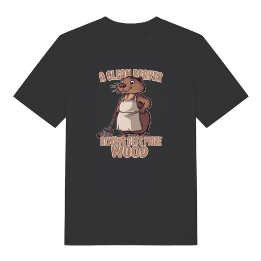 black rude animal t-shirt with the graphic of a beaver and the slogan 'a clean beaver always gets more wood'