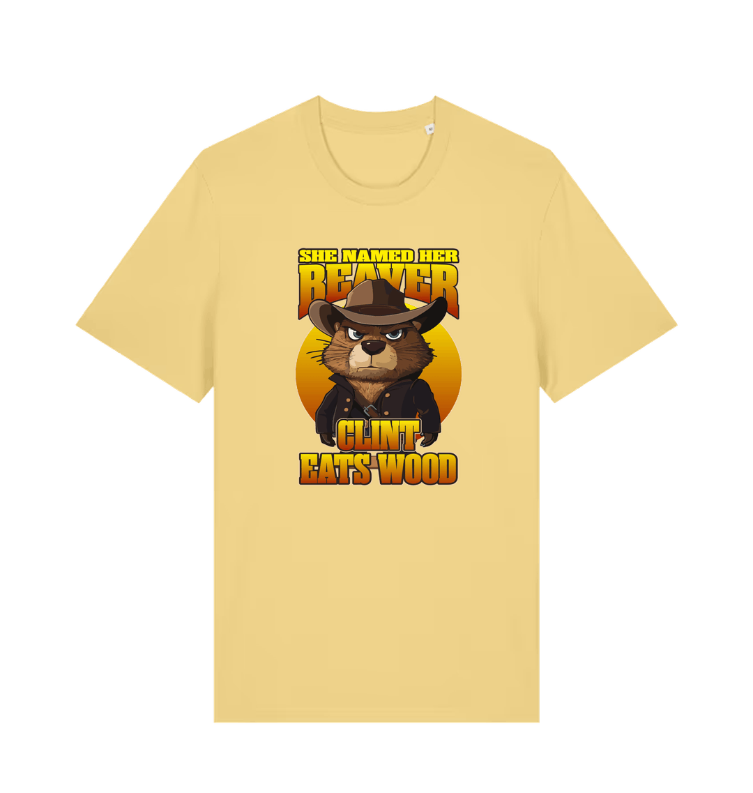 yellow animal t-shirt with a graphic of a beaver wearing a cowboy hat and the text 'she named her beaver clint eats wood'