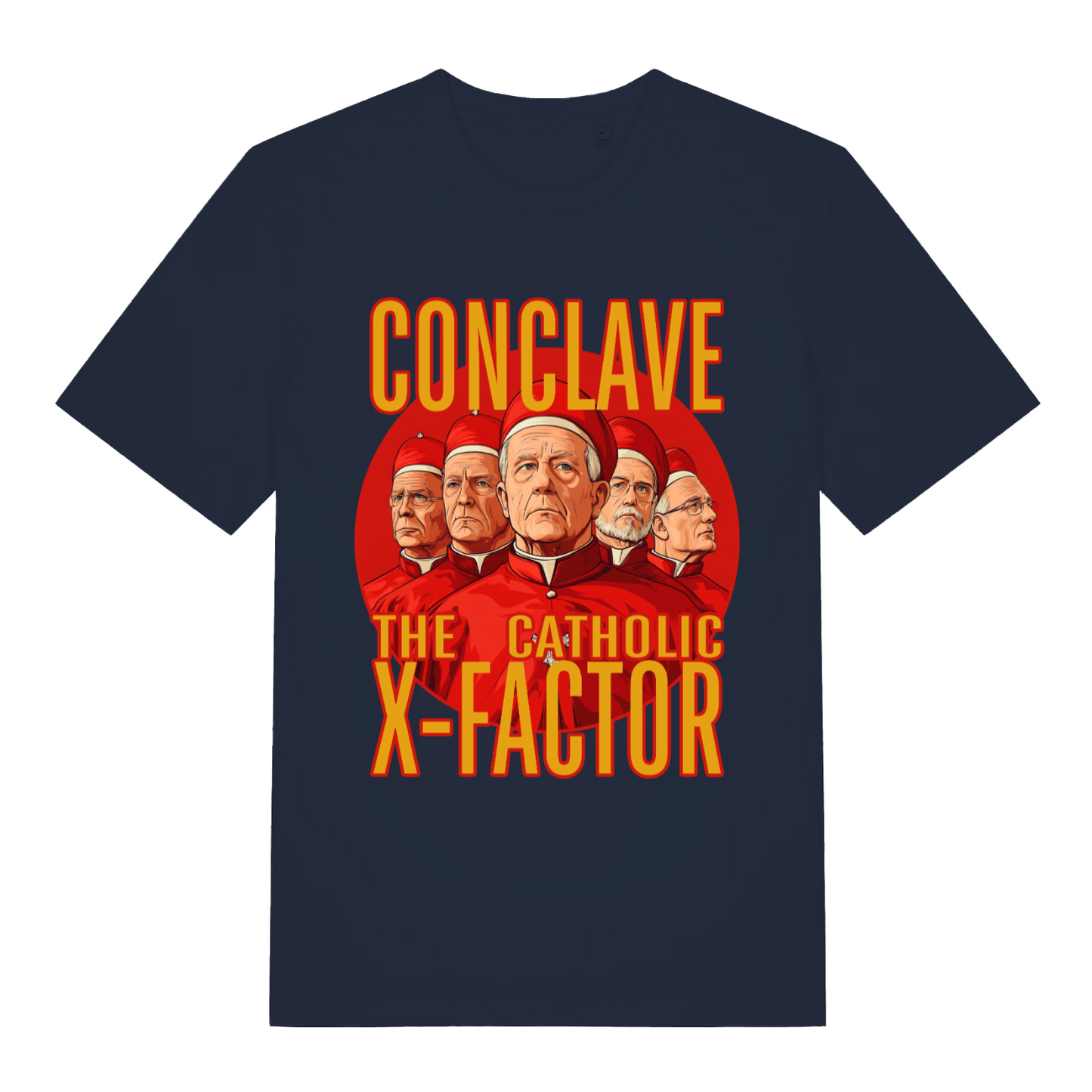 Navy Conclave T-shirt flat lay displaying dark humorous cardinals talent show parody