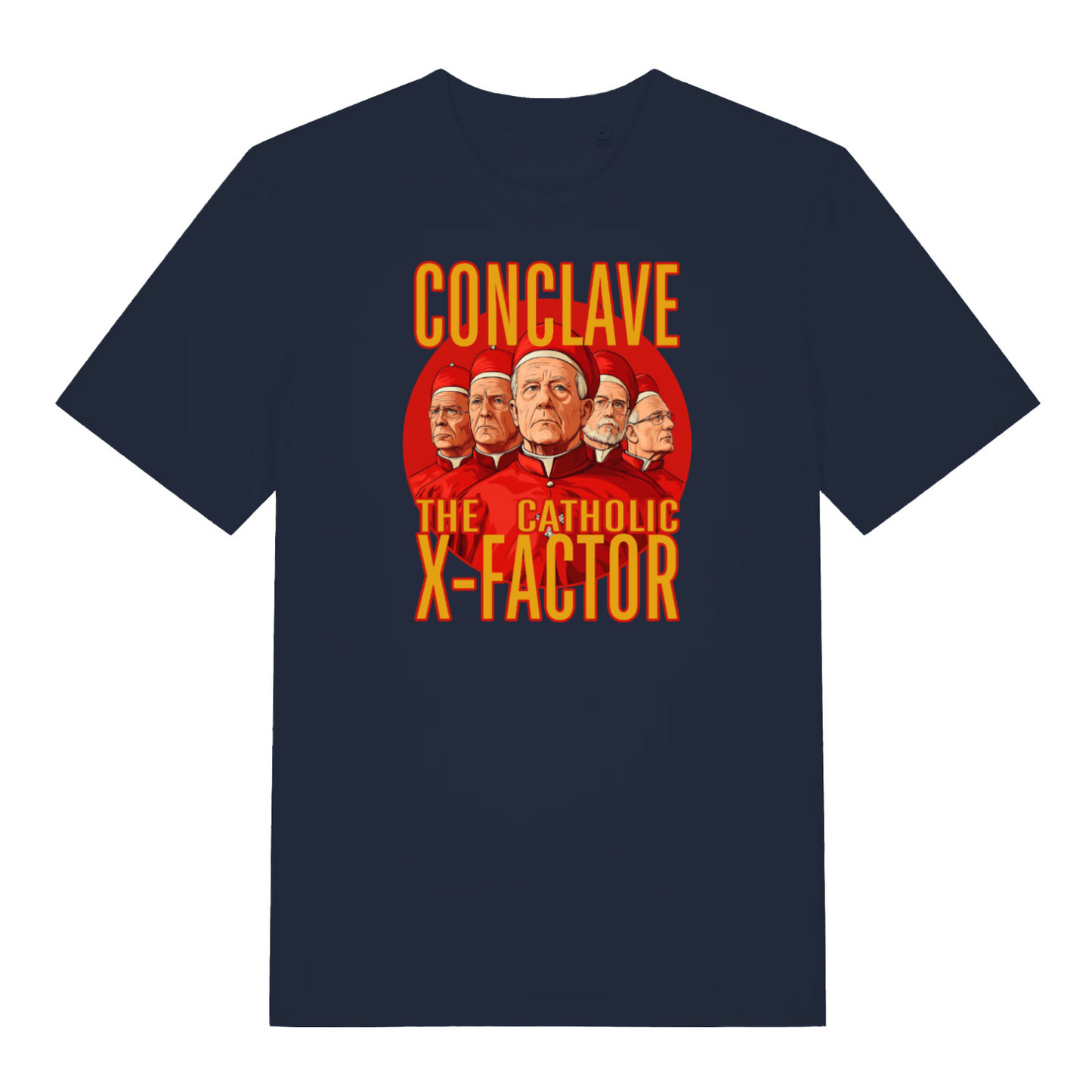 navy funny offensive t-shirt with the graphic of some cardinals and the slogan 'conclave the catholic x-factor'
