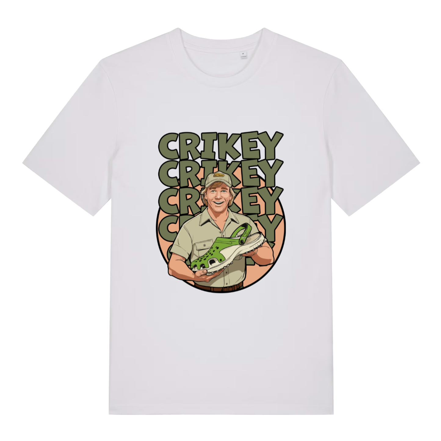 White women's Crikey Crocs T-shirt flat lay displaying humorous "Crikey" Crocs meme graphic