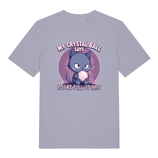 lavender women's funny offensive t-shirt with the graphic of a cat holding a crystal ball and the slogan 'my crystal ball says you're full of shit'
