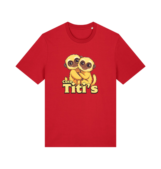 red animal t-shirt with cartoon baby monkeys and 'Cute Titi's' text