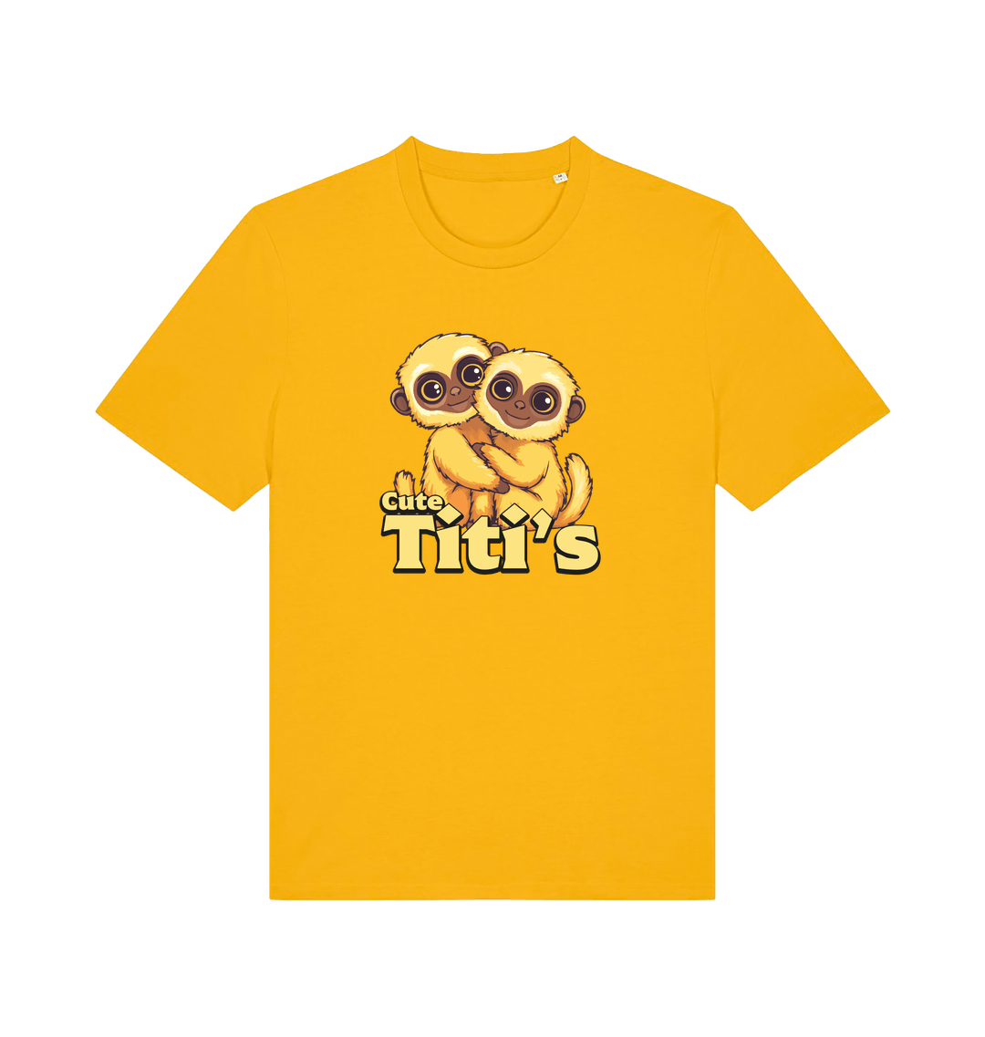 yellow animal t-shirt with cartoon baby monkeys and 'Cute Titi's' text