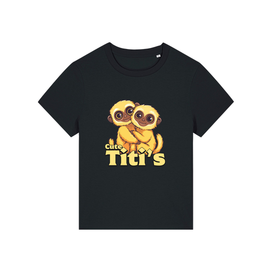 black kawaii t-shirt with the graphic of two little monkey's on and the slogan 'cute titis'