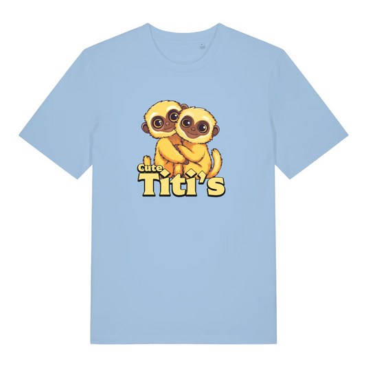 light blue women's kawaii t-shirt with the graphic of two cute monkeys and the slogan 'cute titi's'