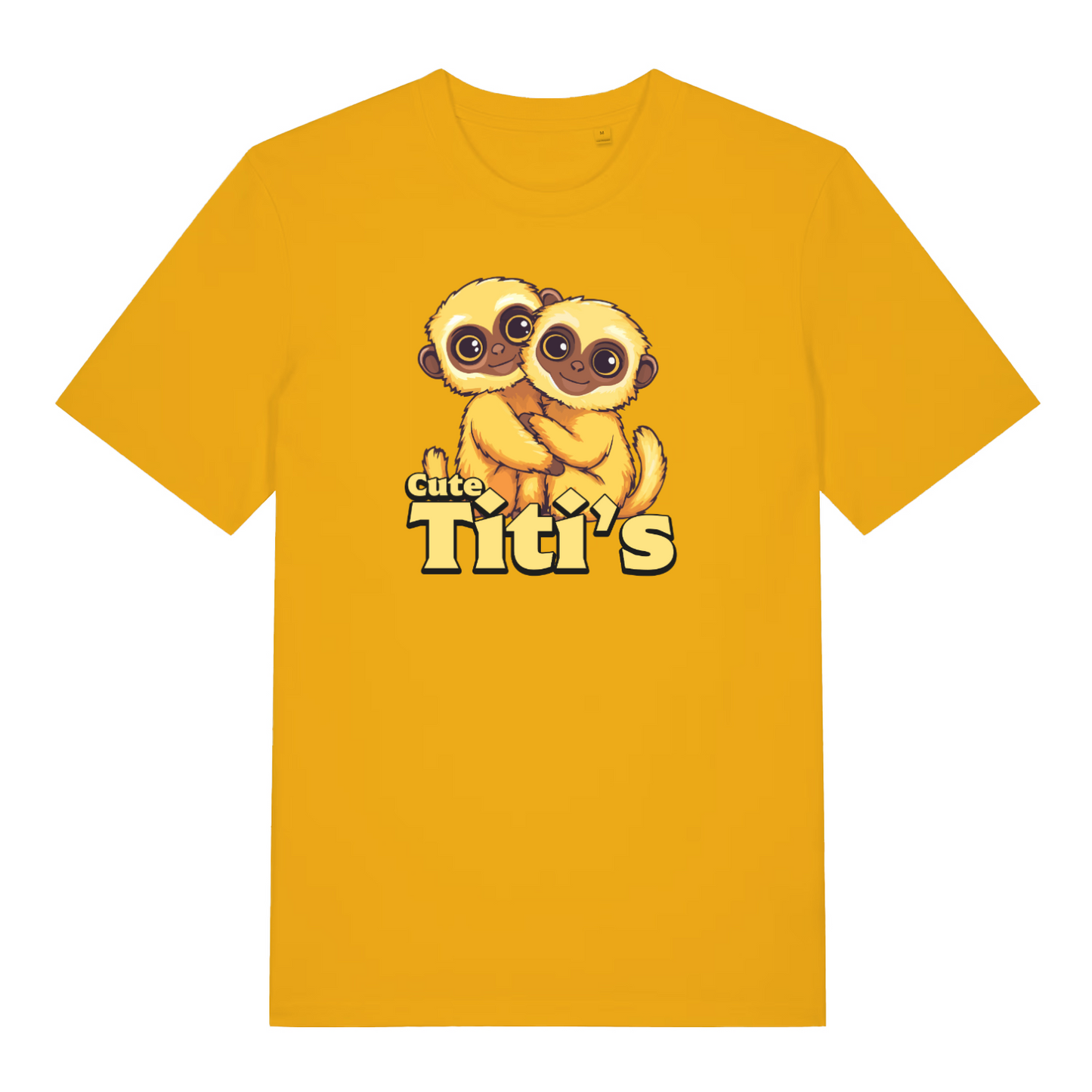 yellow kawaii t-shirt with the graphic of a titi monkey and the slogan 'cute titis'