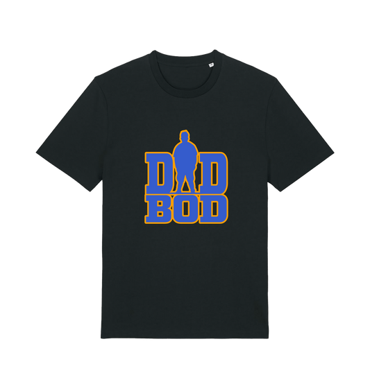 Black dad t-shirt with 'DAD BOD' graphic in blue and yellow