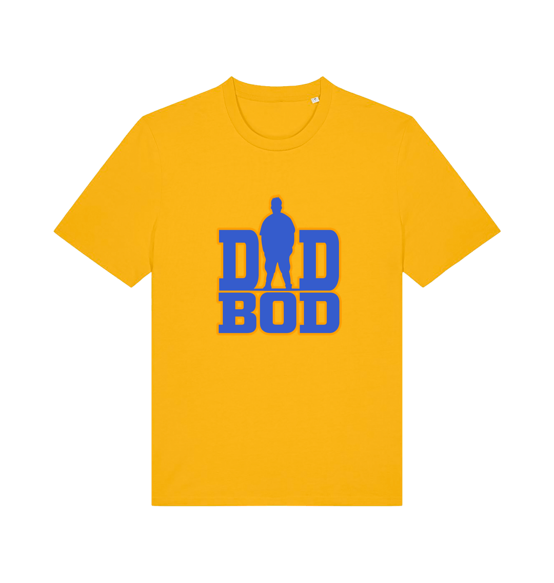 yellow dad t-shirt with 'DAD BOD' graphic in blue and yellow