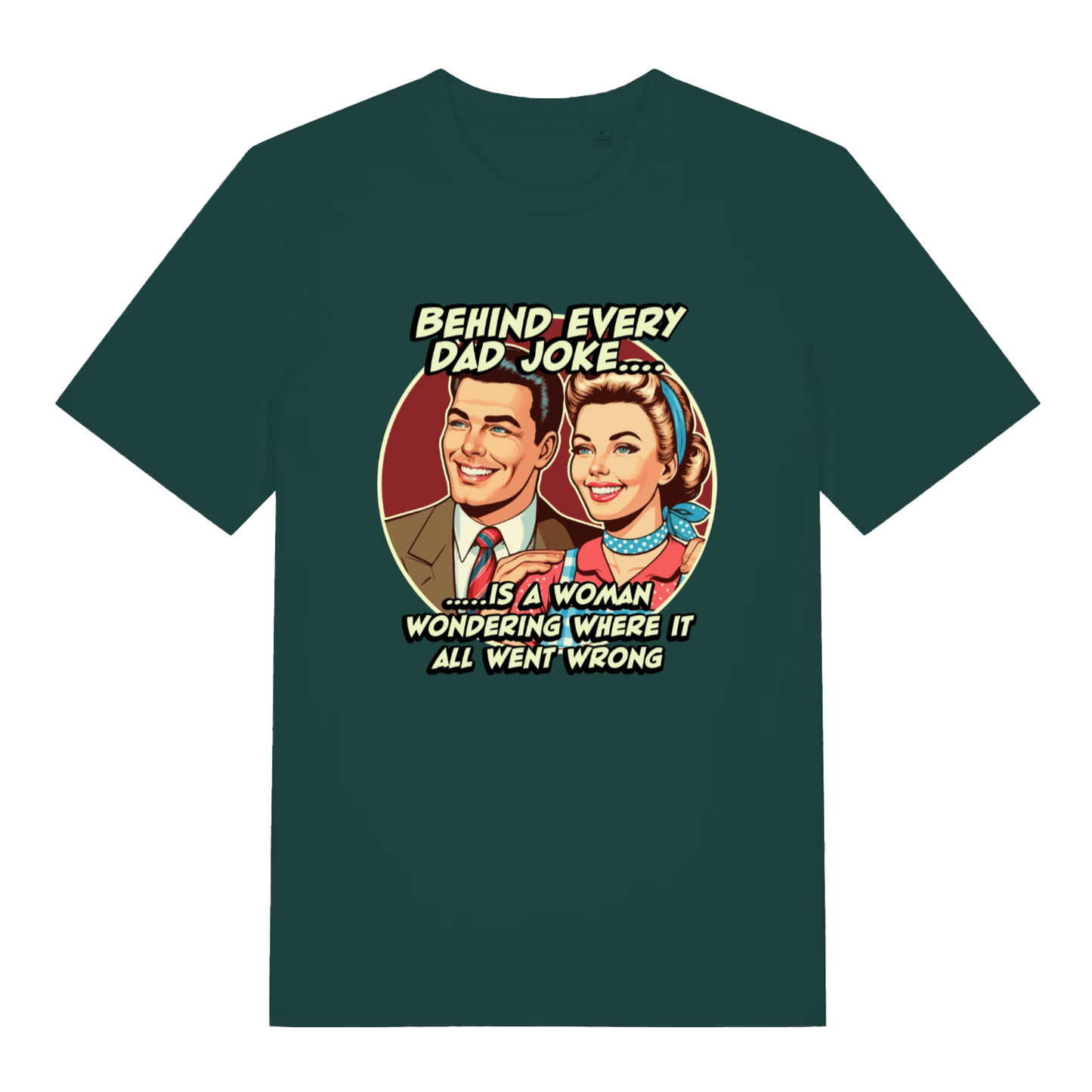 Glazed green Dad Joke T-shirt flat lay showing vintage-style dad joke illustration