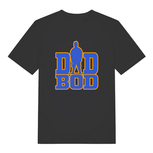 black slogan t-shirt with the text 'dad bod' and the graphic of a chubby man outline instead of the A in 'dad'