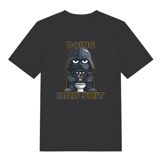 Black graphic t-shirt with a graphic of Darth Vader on a toilet and text 'Doing Dad Shit'