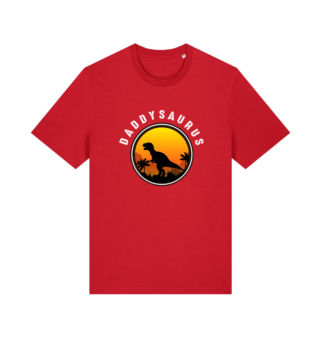 red dad t-shirt with 'Daddysaurus' graphic design featuring a dinosaur silhouette against a sunset