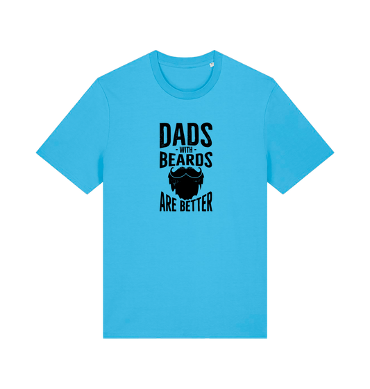 blue dad t-shirt with the graphic of a beard and the slogan 'dads with beards are better'
