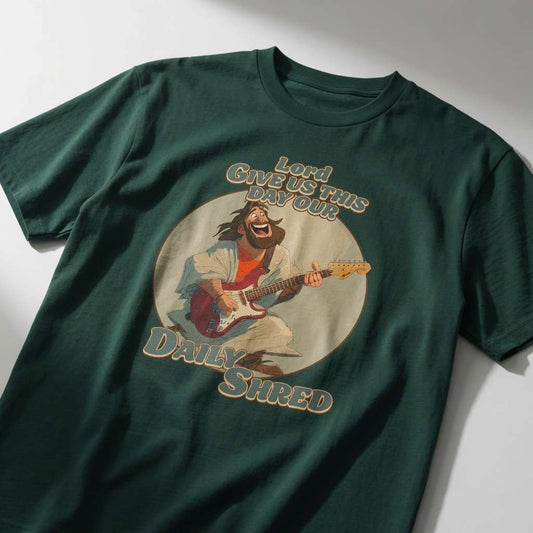 Glazed green Daily Shred t-shirt, humorous jesus guitar pun graphic tee