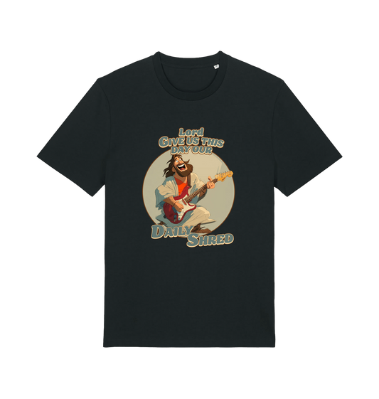 black funny t-shirt with the graphic of jesus playing a guitar