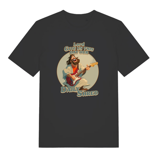 black women's funny jesus t-shirt with the graphic of jesus playing a guitar and the slogan 'lord give us this day our daily shred'