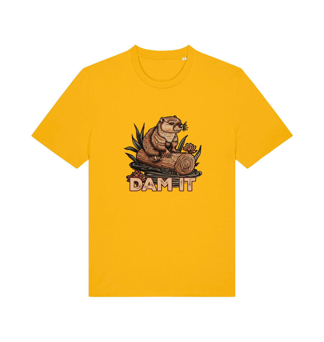 yellow animal t-shirt with a beaver graphic and 'DAM IT' slogan