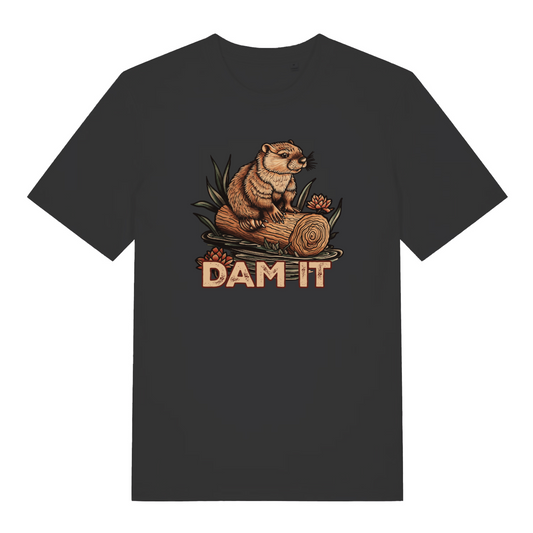 black women's funny animal t-shirt with the graphic of a beaver stood on a log and the text 'dam it'