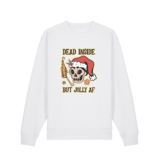 white xmas sweater with the graphic of a skull with a bottle of beer and the slogan 'dead inside but jolly af'