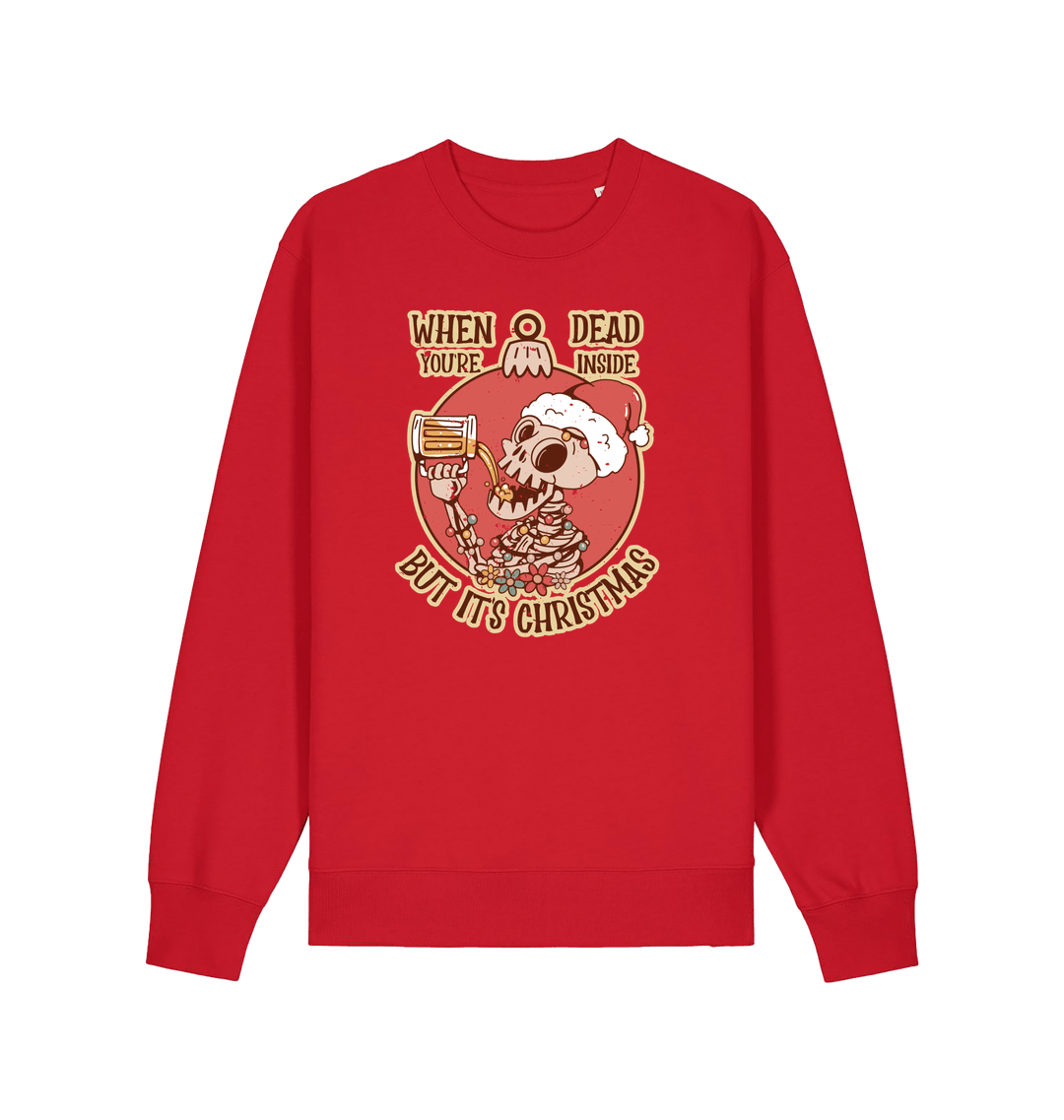 red christmas jumper with the graphic of a skeleton drinking a beer and the slogan 'when you're dead inside but it's christmas'