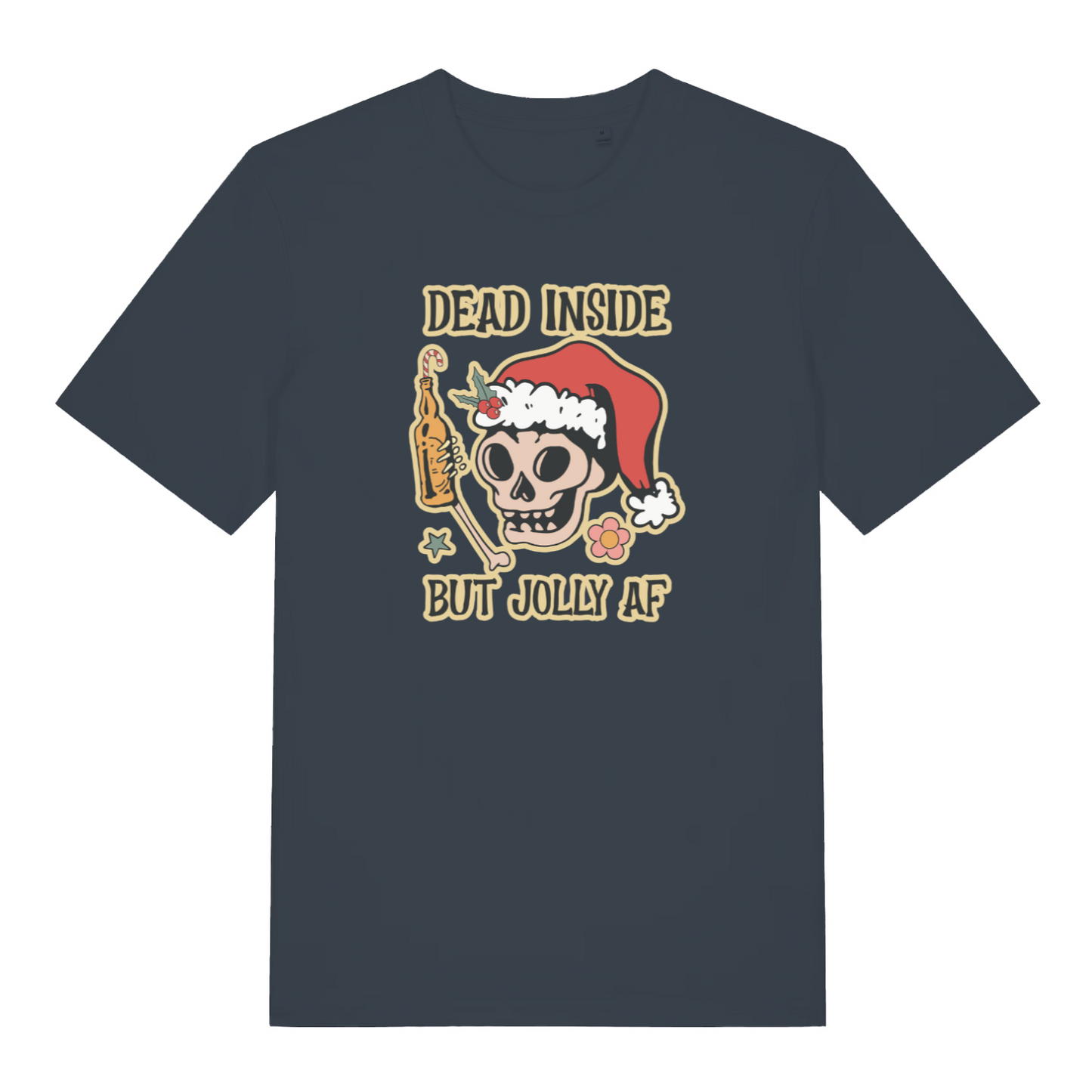 ink grey christmas t-shirt with the graphic of a skull holding a beer and the slogan 'dead inside but jolly af'