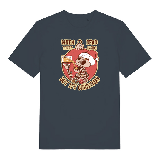 ink grey christmas t-shirt with the graphic of a skeleton drinking a beer and the slogan 'when you're dead inside but it's christmas'