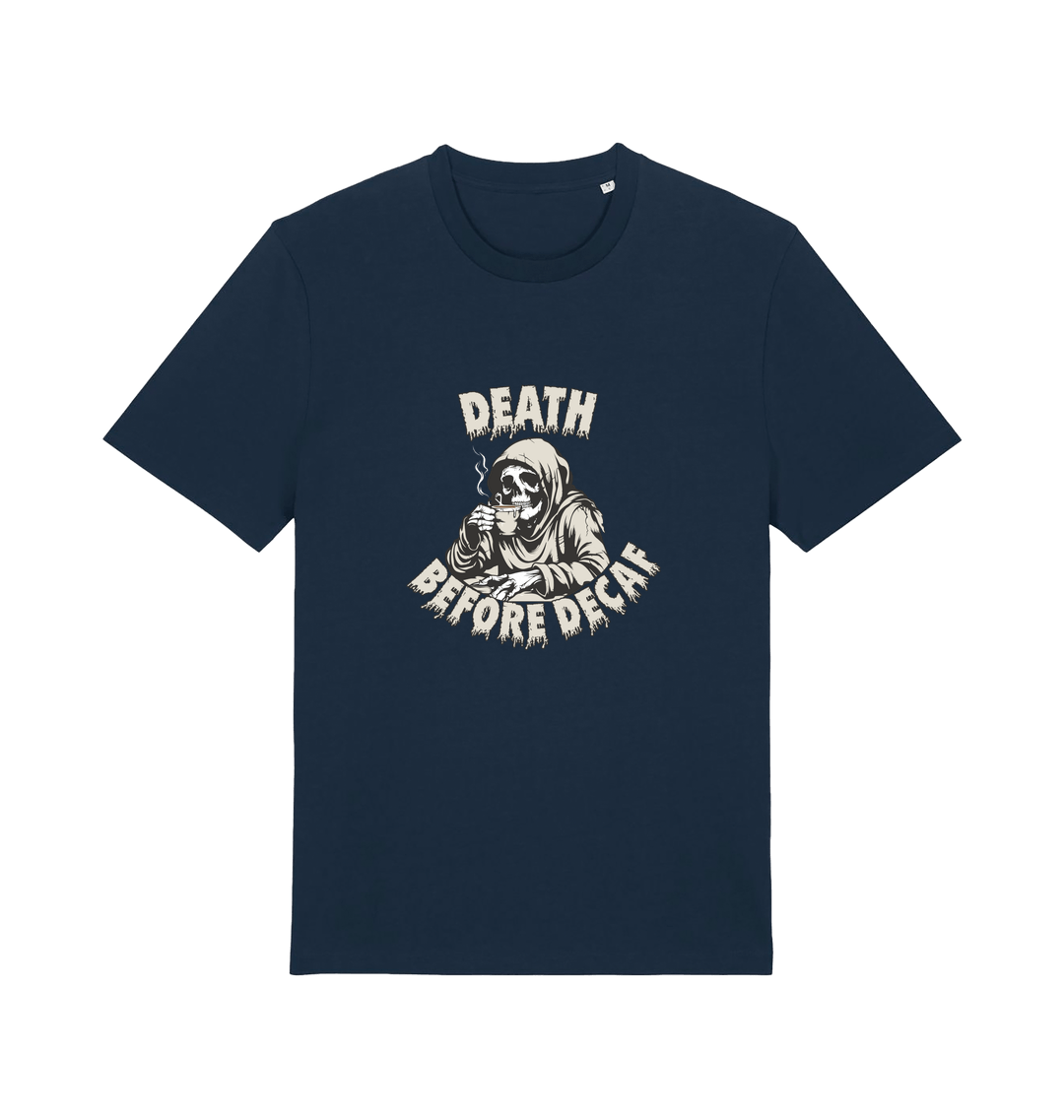 navy graphic t-shirt with a skeleton in robe drinking a coffe and the slogan 'death before decaf'