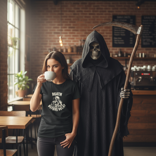 woman sat drinking coffee with a grim reaper stood behind her and a grim reaper design on a black t-shirt