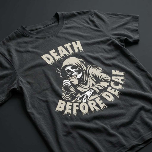 Black Death Before Decaf t-shirt with reaper drinking coffee graphic