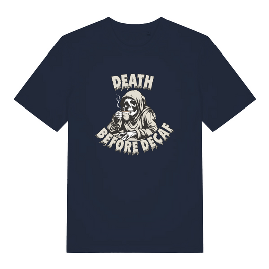 navy funny graphic t-shirt with the graphic of a grim reaper and the slogan 'death before decaf'