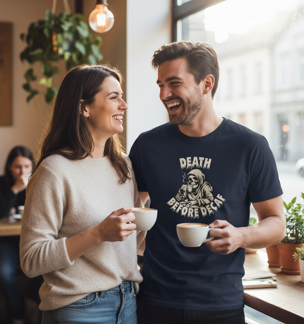 Man and woman laughing together in a cafe, both holding coffee cups.