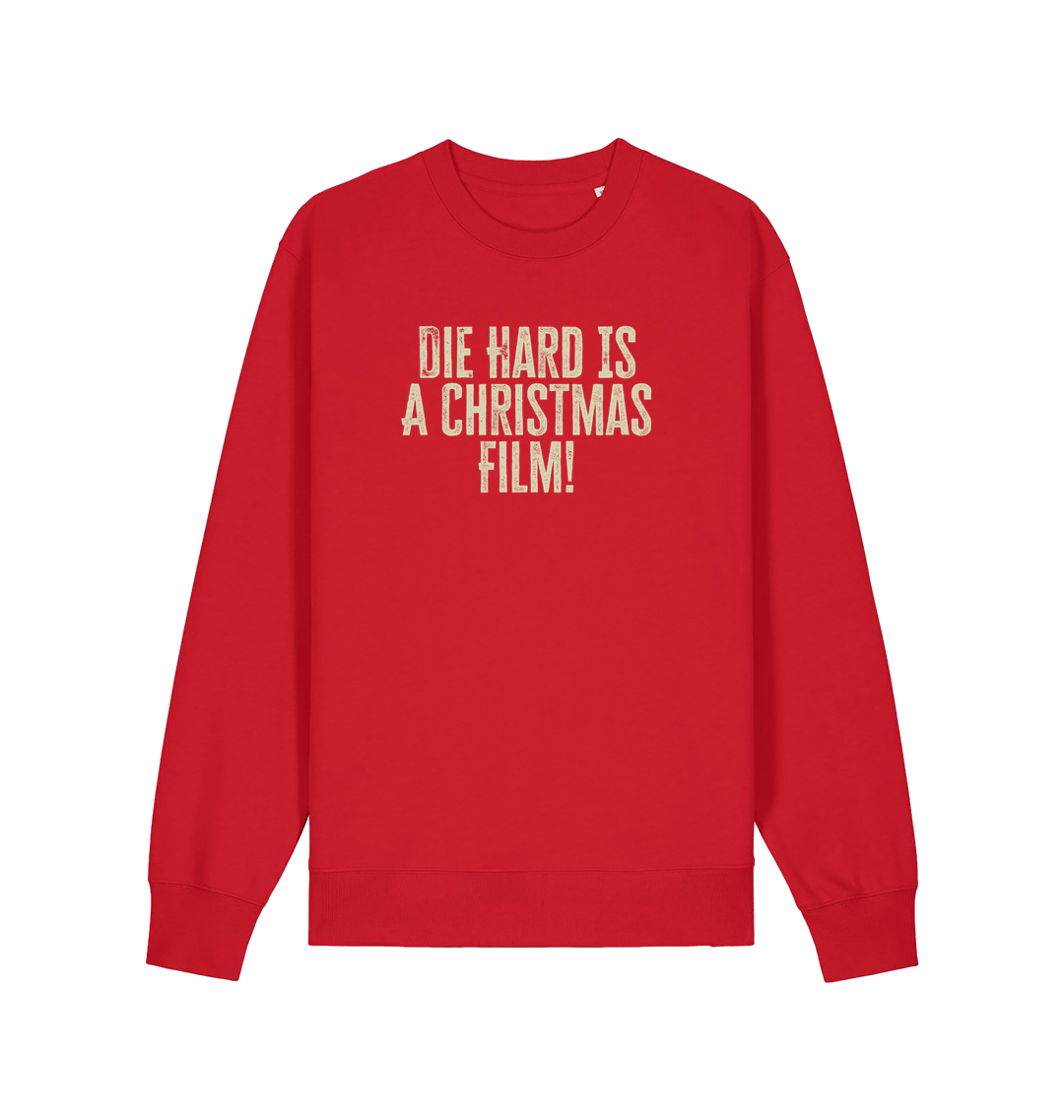 red christmas jumper with the slogan 'die hard is a christmas film'
