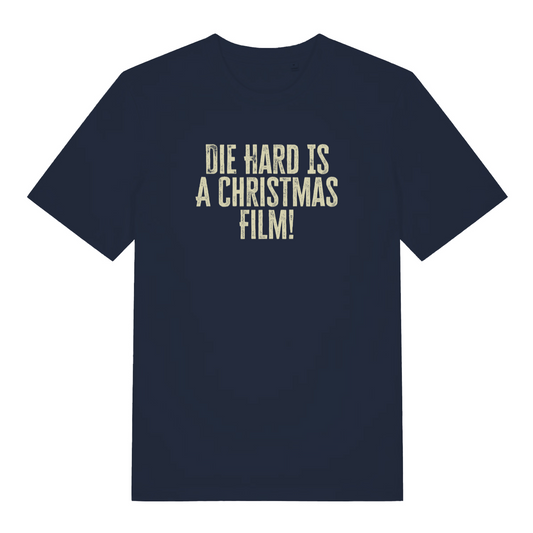 navy women's christmas t-shirt with the slogan 'die hard is a christmas film!'