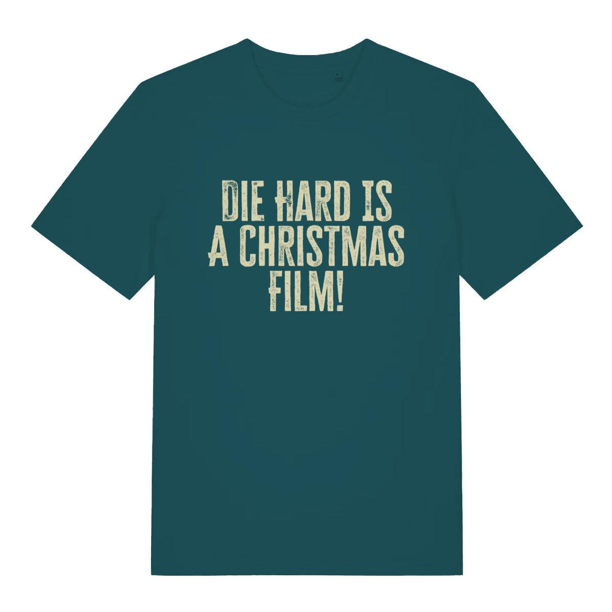 Stargazer women's Die Hard Is A Christmas Film T-shirt flat lay showing classic Christmas debate slogan