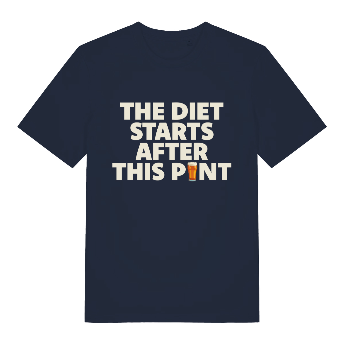 Navy Diet Starts After This Pint T-shirt flat lay with bold humorous beer diet delay graphic