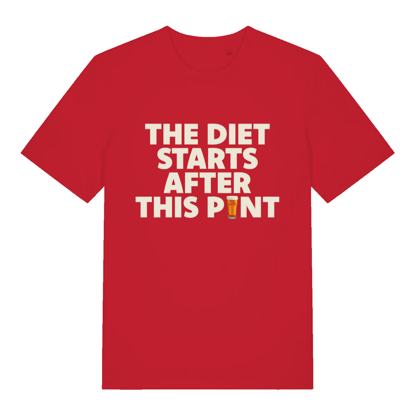 red funny slogan t-shirt with the text 'the diet starts after this pint'