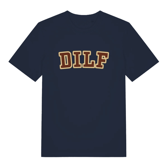 French Navy DILF T-shirt flat lay with bold varsity style lettering graphic