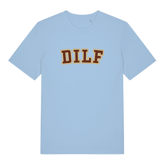 light blue funny dad t-shirt with the slogan 'dilf'