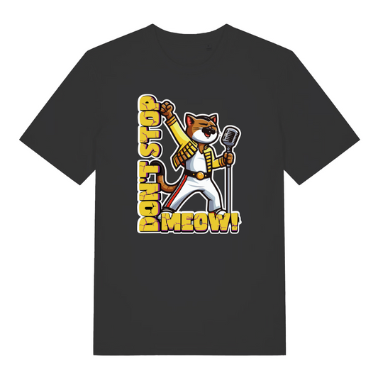 black women's music t-shirt with the graphic of a cat dressed as freddie mercury and the slogan 'don't stop meow'