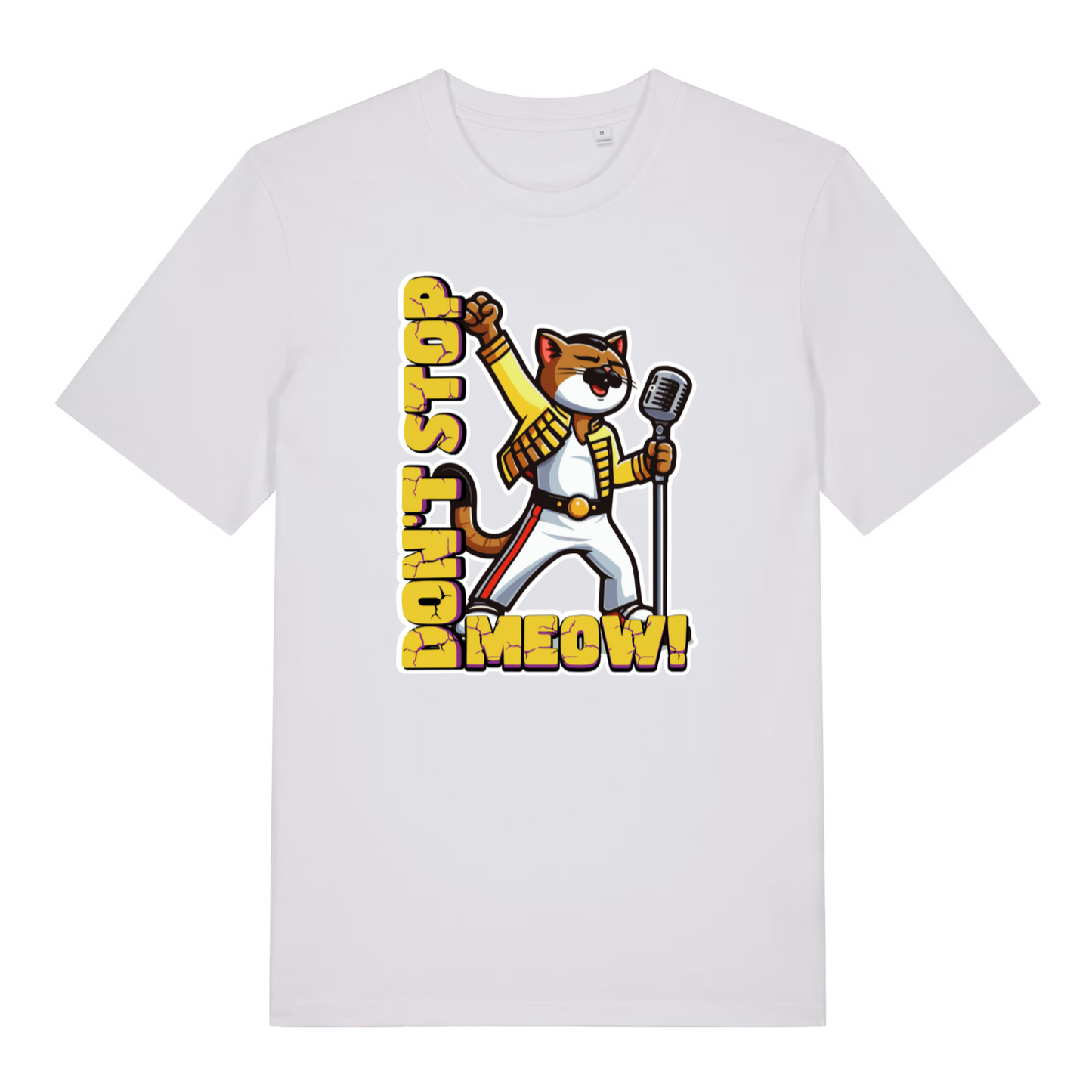 white women's music t-shirt with the graphic of a cat dressed as freddie mercury and the slogan 'don't stop meow'